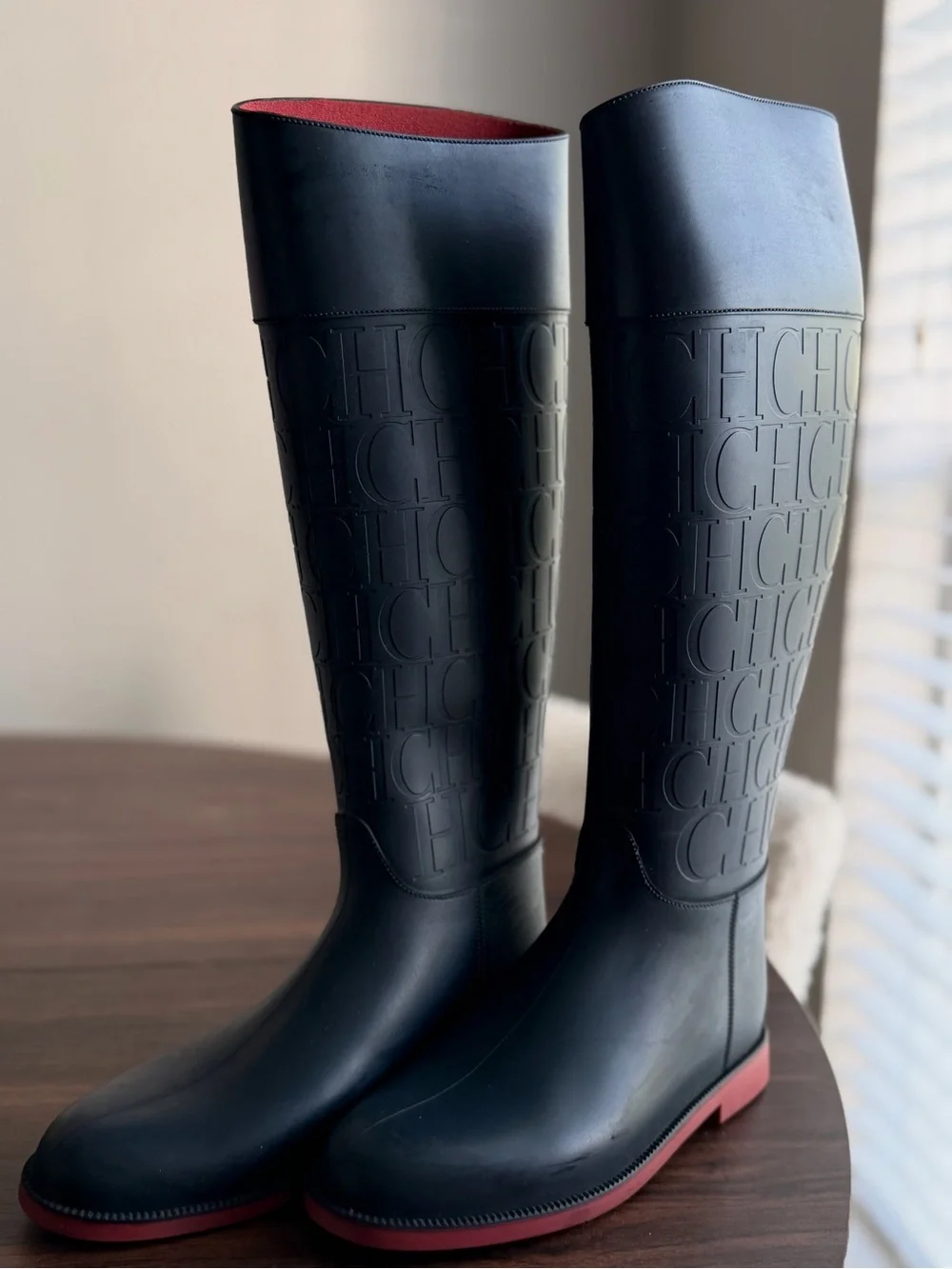 Carolina Herrera Black Tall Embossed Rain Boots with Red Trim